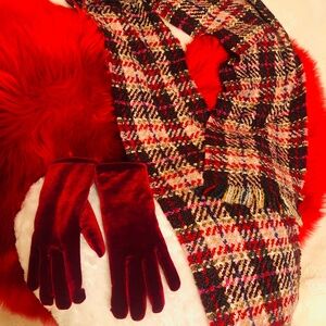 Just in Thinsulate Red Velour gloves with VFraas Chenille Plaid Scarf
